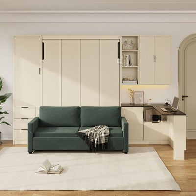 Łóżko chowane w szafie queen z sofą, półkami i szufladami