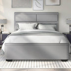 Tapicerowane łóżko queen z pojemnikiem w miękkiej szarości