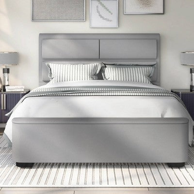 Tapicerowane łóżko queen z pojemnikiem w miękkiej szarości