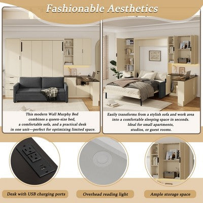 Łóżko chowane w szafie queen z sofą, półkami i szufladami